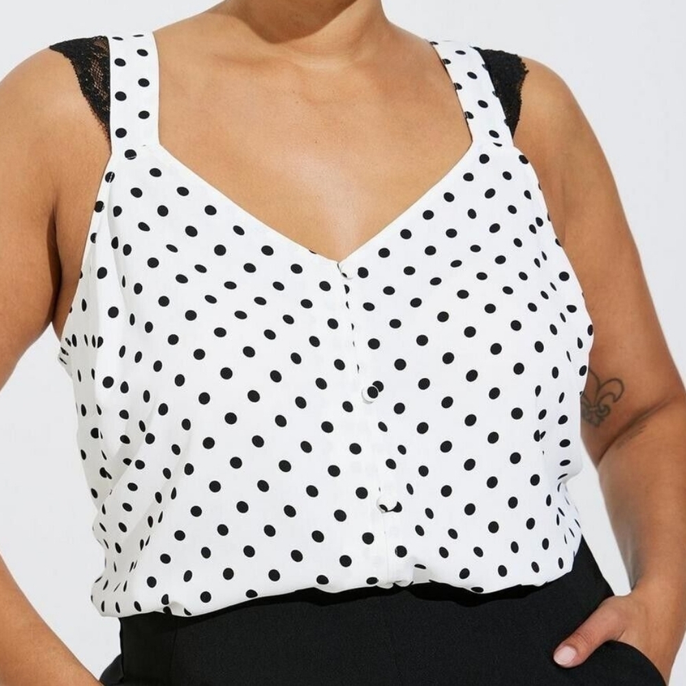 Torrid Studio Crepe de Chine Lace Trim Button Front Tank Polka Dot White 5